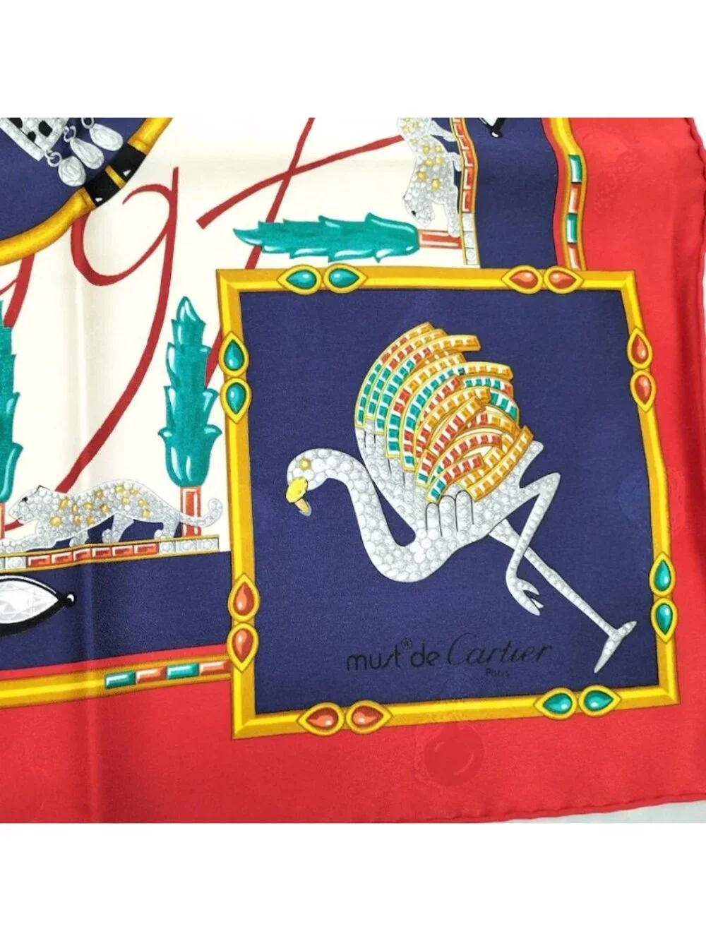 Cartier Scarf Silk 100% Red Navy Multicolor